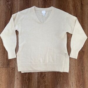H&M Womens‎ Cream V-Neck Oversized Knit Sweater Side Slits Wool Blend XS